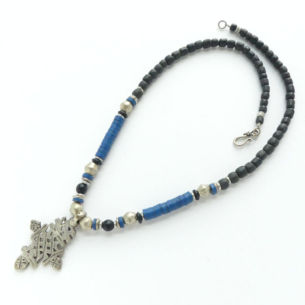 Ethiopian Cross, Small,  with Blue Vinyl Heishi, and Silver Bicones, 18 inches long