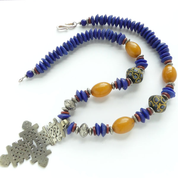King Beads, Amber, Ethiopian Silver Cross and New Krobo Glass, 24 inches + 3.5 inch pendant