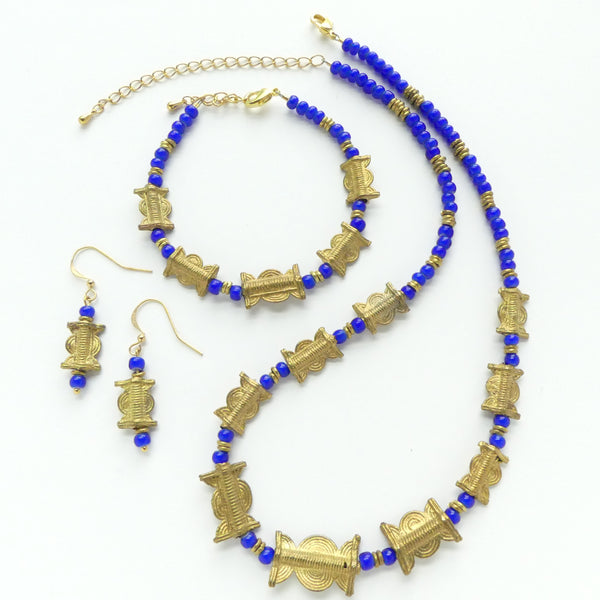Blue White Hearts and Lost Wax Cast Brass, Set of Necklace, Bracelet & Earrings