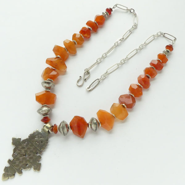 Ethiopian Silver Cross with Baroque Faceted Carnelian & Silver Chain, Adjustable