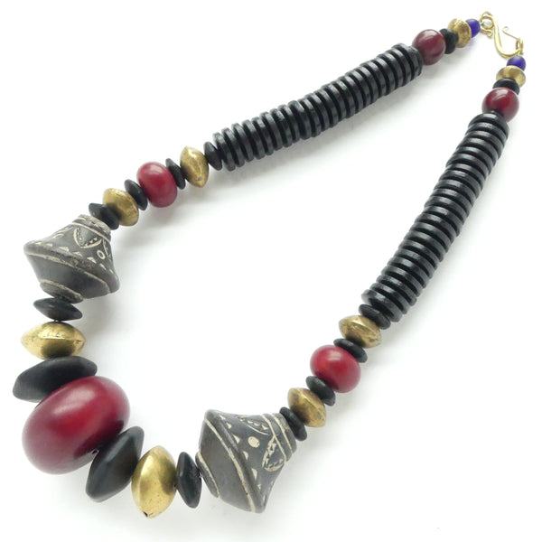 Necklace, Spindle Whorls with Red Faux Amber, Mali Brass and Wood, 20 inches