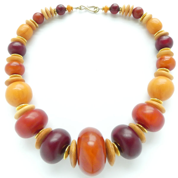 Faux Amber, Red & Amber Shades with Bone Rondelles & Brass Spacers,