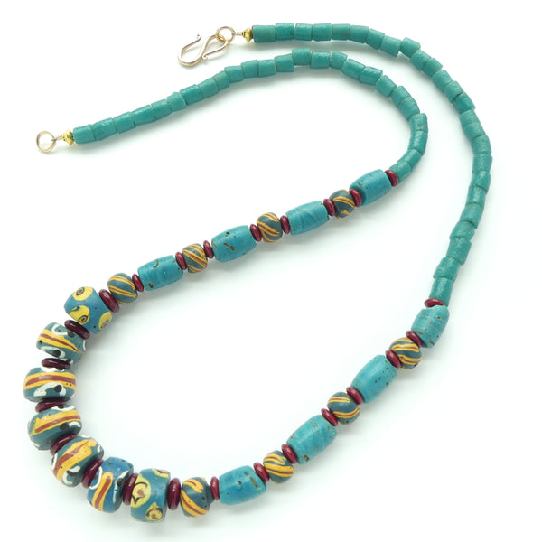 Necklace, Turquoise Trade Beads with Antique & Vintage Powder Glass Beads, 25 inches long