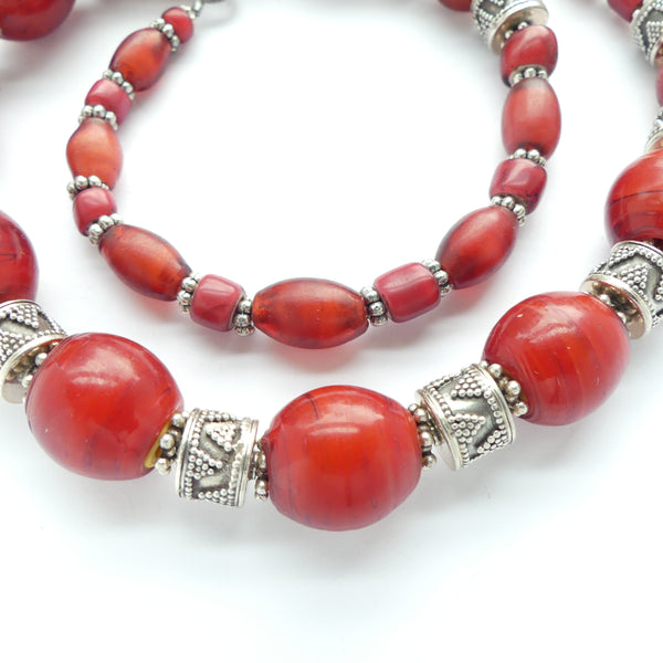 Necklace of Antique Venetian White Heart Beads in Various Shapes with Silver, 23 inches long