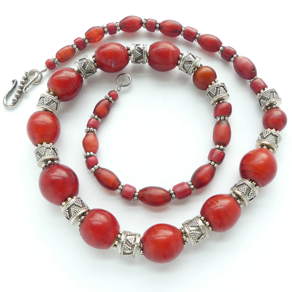 Necklace of Antique Venetian White Heart Beads in Various Shapes with Silver, 23 inches long