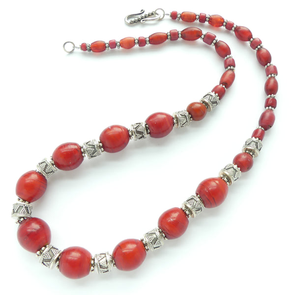 Necklace of Antique Venetian White Heart Beads in Various Shapes with Silver, 23 inches long