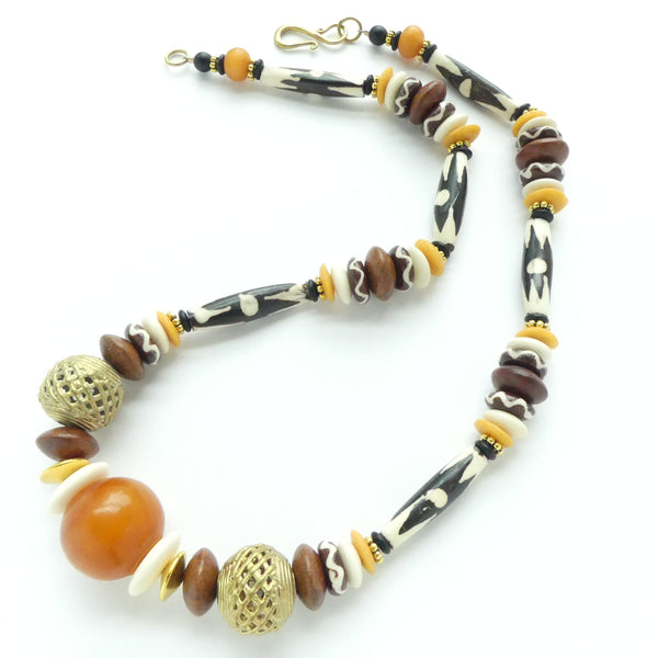 Necklace, Bone Beads with Batik Patterns from Kenay with Ghana Brass and Amber, 22 inches