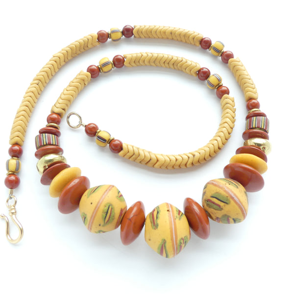 African Trade Bead Necklace, Amber King Beads with Glass Snake Beads, 21 inches long