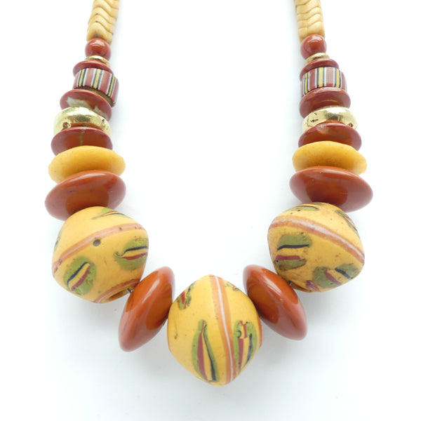 African Trade Bead Necklace, Amber King Beads with Glass Snake Beads, 21 inches long
