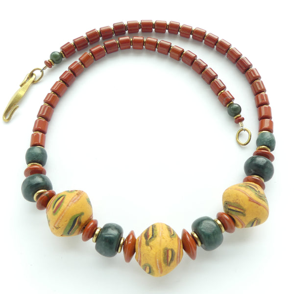 African Trade Bead Necklace with Red Jasper & "Jade", 20 inches long