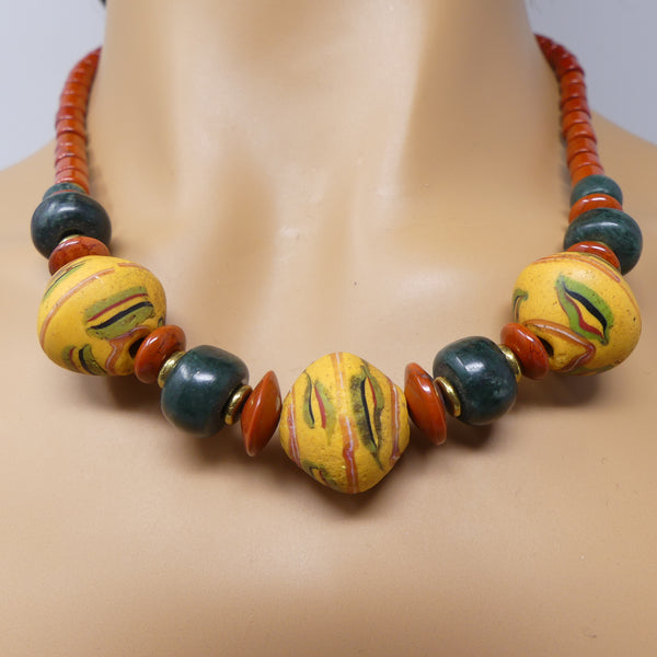African Trade Bead Necklace with Red Jasper & "Jade", 20 inches long