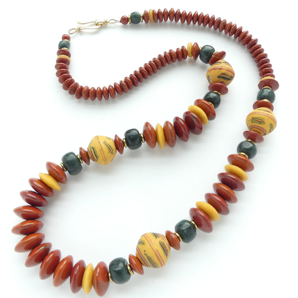 Necklace, Antique "King" Beads with Red Jasper, Yellow Antique Glass & Jade, 28 inches