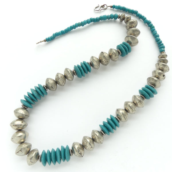 Krobo Teal Glass Disc and Mali Silver Rondelles on 26-inch Necklace