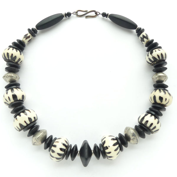 Batik Bone Necklace with Mali Silver and Matte Black Glass, 20.5 inches long