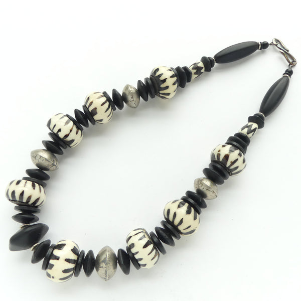 Batik Bone Necklace with Mali Silver and Matte Black Glass, 20.5 inches long