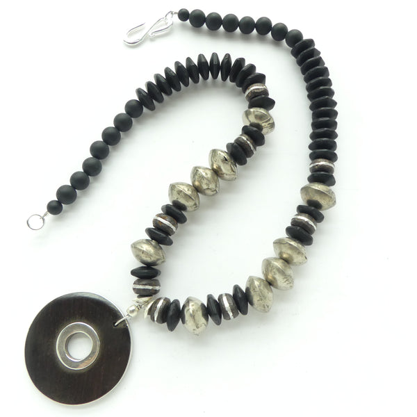 Tuareg Ebony and Silver Pendant with Maly Silver Bicones & Matte Black Glass, 20-inches Long