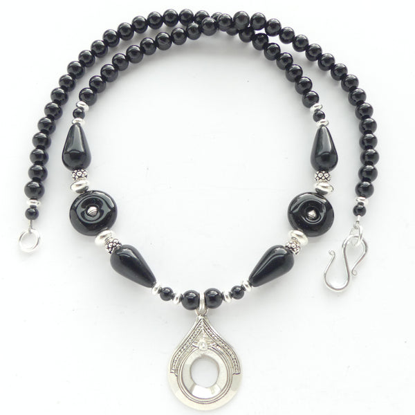 Tuareg Silver Pendant with Black Onyx and Sterling Silver Beads, 21-inches Long