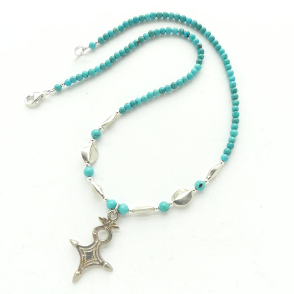 Delicate Turquoise Necklace with Mini Cross of Agadez Pendant & Indian Silver, 17-inches long