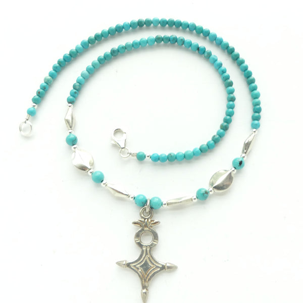 Delicate Turquoise Necklace with Mini Cross of Agadez Pendant & Indian Silver, 17-inches long