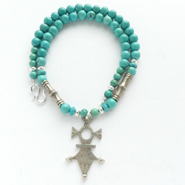 Turquoise with Tuareg Iferwane Silver Cross and Vintage Tuareg Beads, 17-inches Long