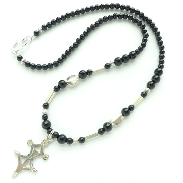 Tuareg Silver Cross with Indian Silver Beads and 4mm Black Onyx, 19-inches long
