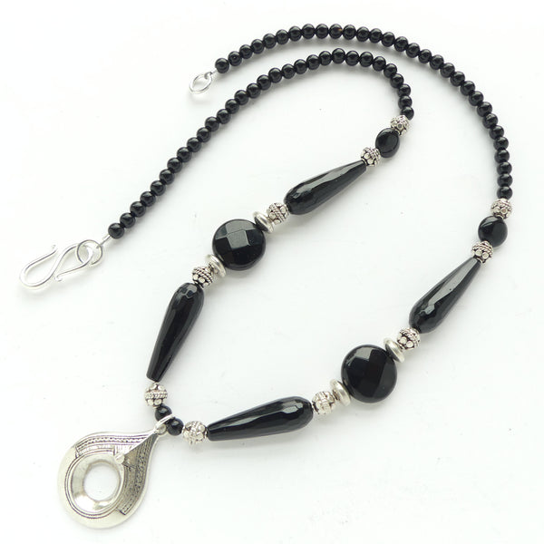 Tuareg Silver Pendant with Geometric Engraving with Black Onyx and Silver, 20-inches Long