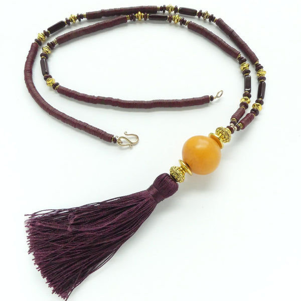 Necklace, Long and Flowing Vintage African Amber Center with Vinyl Heishi and Silky Tassel