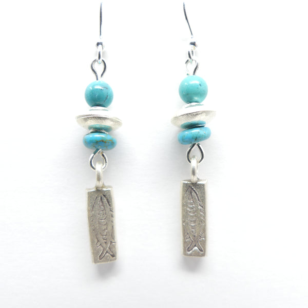 Earrings, Thai Silver Rondelles and Mini Pendants with Lucky Fish & Turquoise