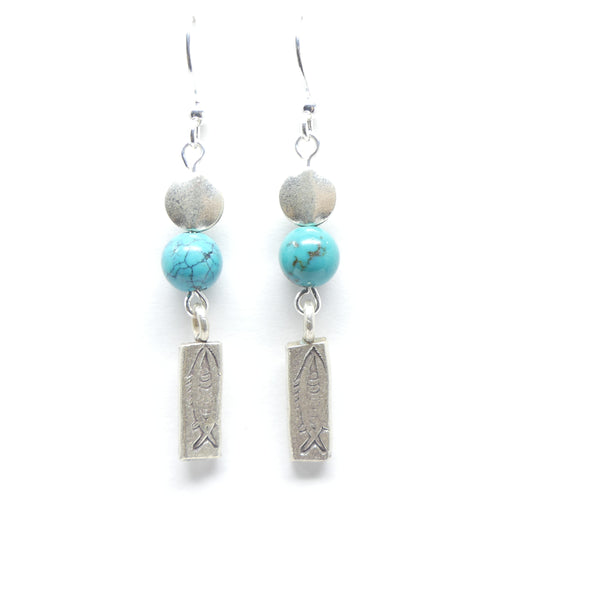 Earrings, Thai Sterling Silver Disc Bead and Mini Pendant with Lucky Fish Design