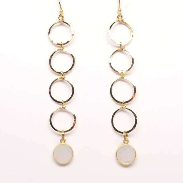 Earrings, Caged Mother of Pearl Discs Swing Free on Hammered Brass Chain