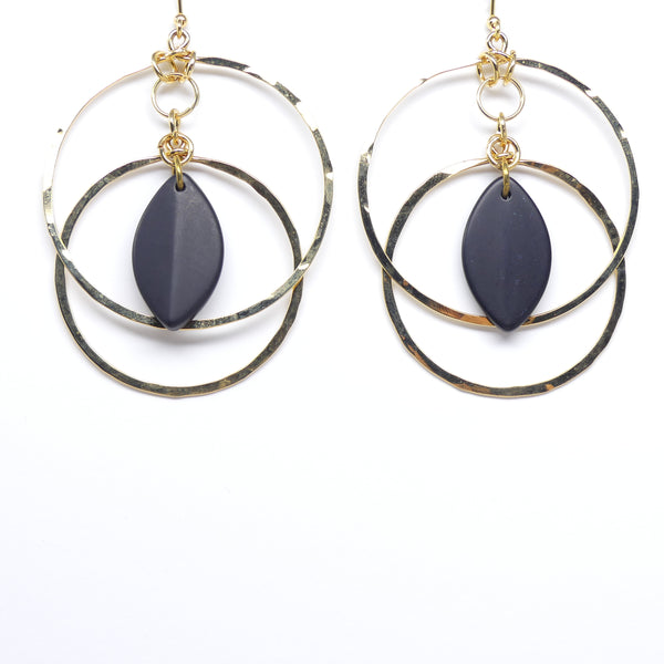Earrings, Matte Black Ovals in Concentric Hammered Brass Hoops