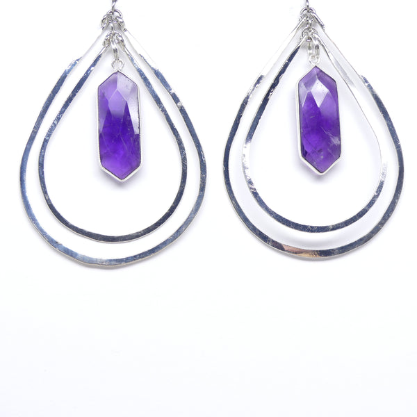 Earrings, Faceted Amethyst Hexagons in Large Double Silver Hoops