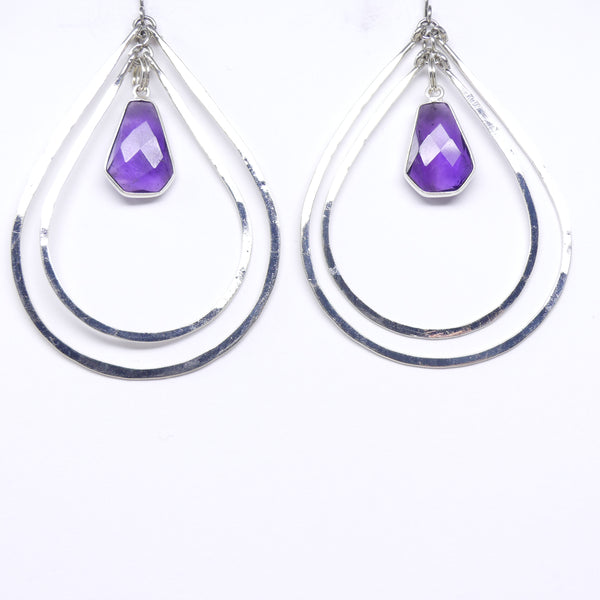 Earrings, Faceted Amethyst Drops in Large Double Silver Hoops