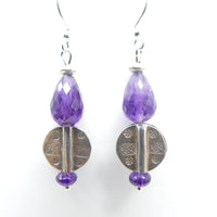 Amethyst Faceted Drops with Thai Sterling Silver Stamped Discs,  1.75 Inches with earwire