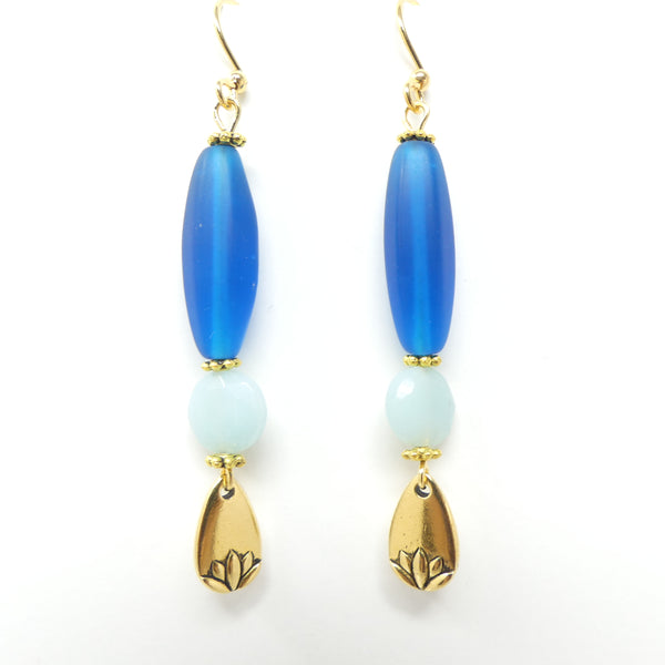 Earrings, Aquamarine and Czech Glass with TierraCast Lotus Dangles