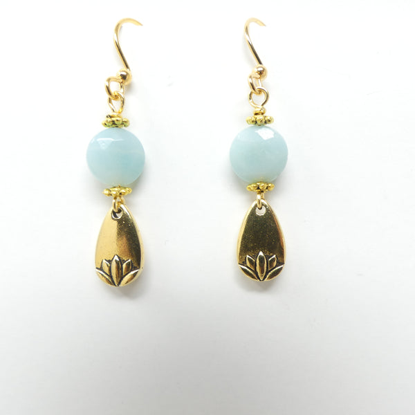 Earrings, Faceted Aquamarine Coin Shapes with Tierracast Lotus Dangles