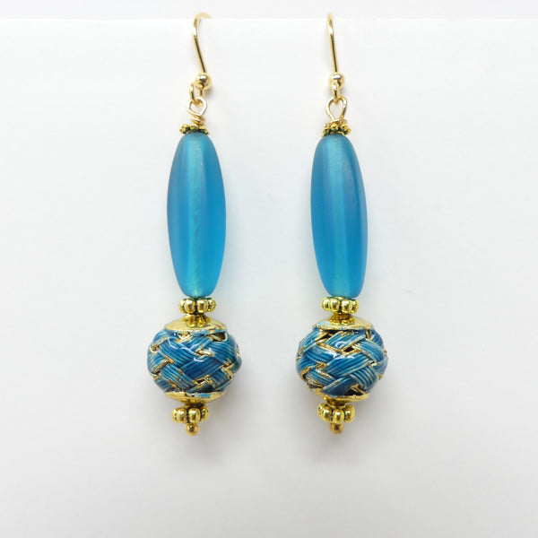 Earrings, Deep Aqua Cloissone Round Beads with Long Czech Glass Ovals