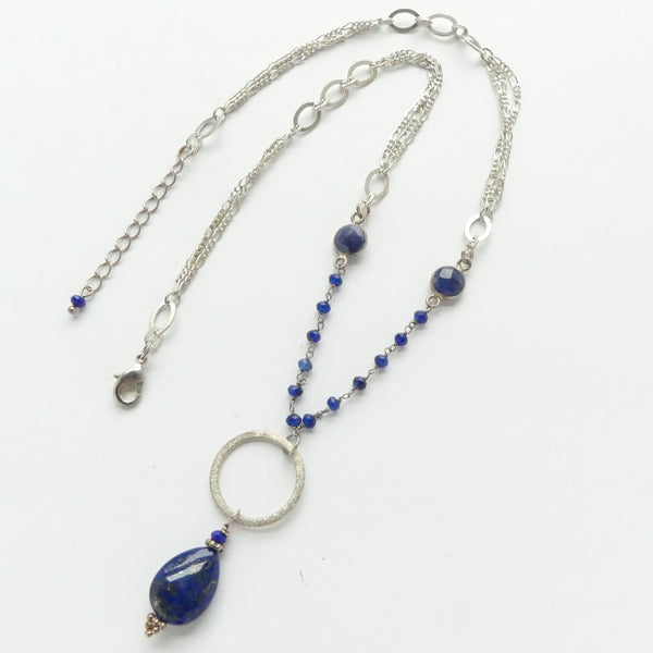 Necklace, Lapis Lazuli Drop Pendant, Silver Ring, Lapis & Silver Chain, 18 inches