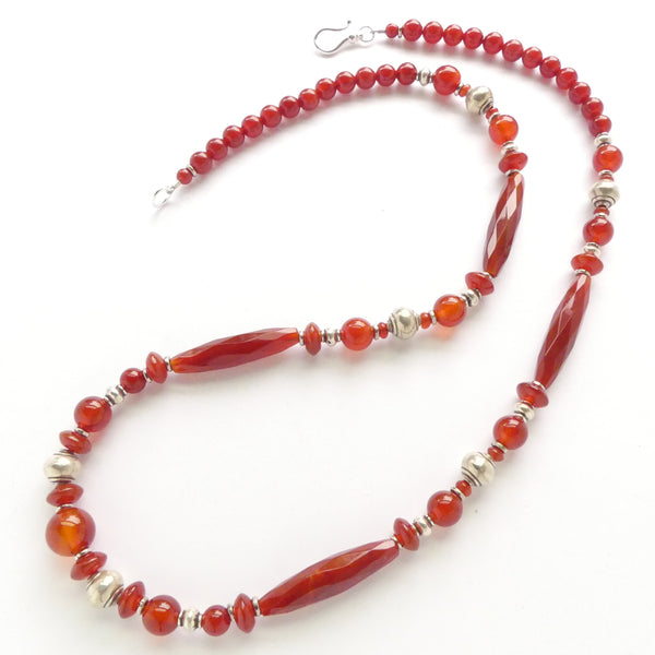 Carnelian Vintage Long Faceted Bead with Rounds and Thai Silver, 24 inche
