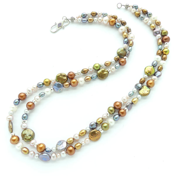 Necklace, Pearls in Subtle Bronze, Copper, Silver & Cream Colors, Double Strand 22" Long