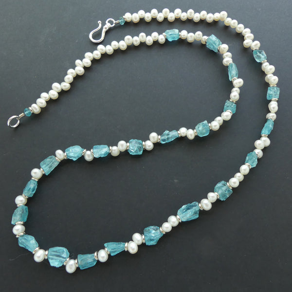 Necklace, Apatite and White "Dancer" (Small Drops) Pearls, 23.5 inches long