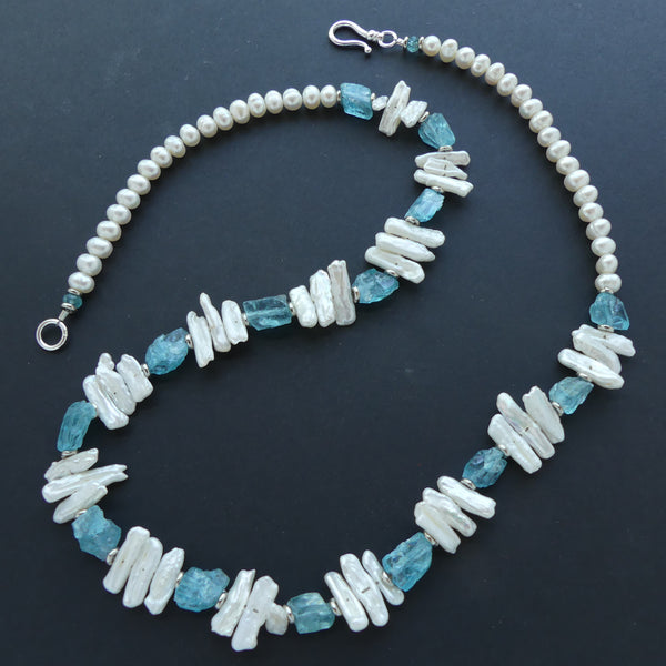 Necklace, White Freshwater Pearls with Apatite Chunks, 21 inches long