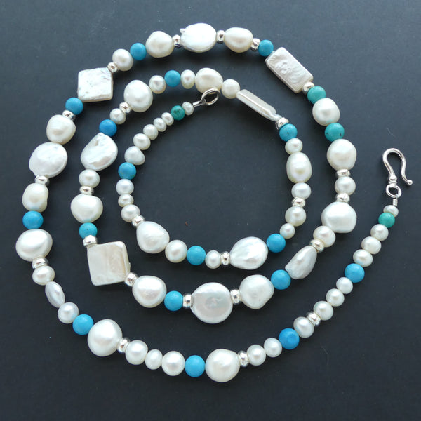 Necklace, White Freshwater Pearls in an Asymmetrical Designs with Turquoise, 28mm Long