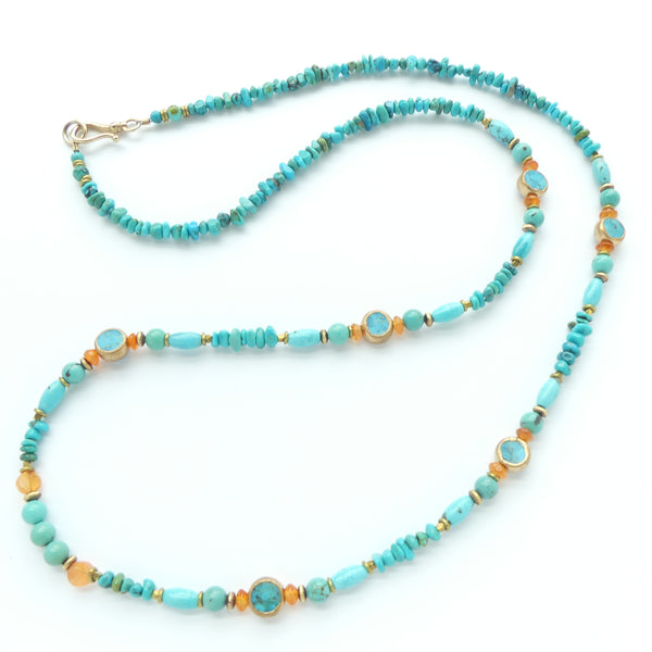 Necklace of Turquoise Small Focal Beads and Mini Chips, 27 inches long