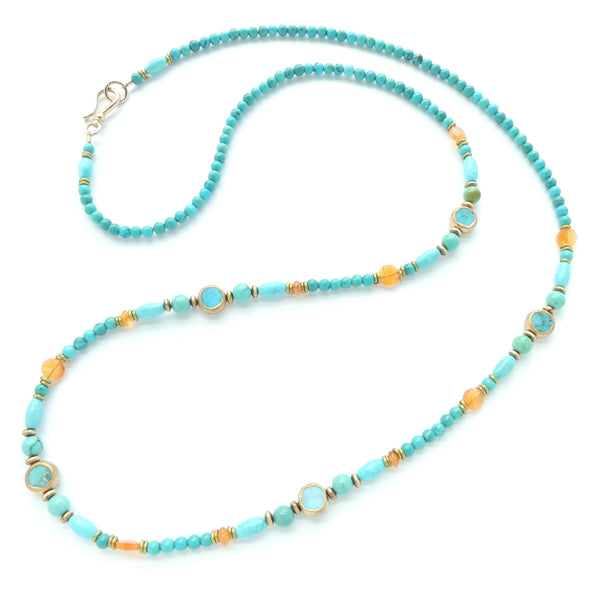 Long Delicate Necklace of Turquoise with Carnelian, 29 inches long