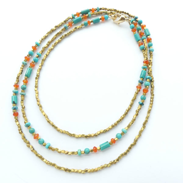 Long Micro-Bead Necklace of Turquoise, Carnelian & Brass, 31.5 inches long