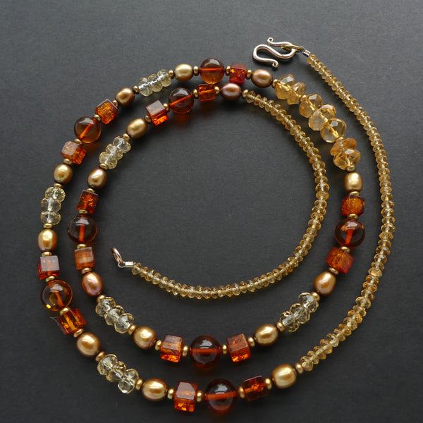 Necklace of Citrine, Amber, and Bronze Pearls, 28-inches long