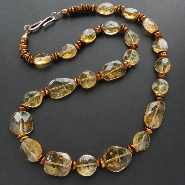 Citrine & Bronze Pearl Necklace, Freeform Flat Citrines with Bronze Keshi, 24 inches long