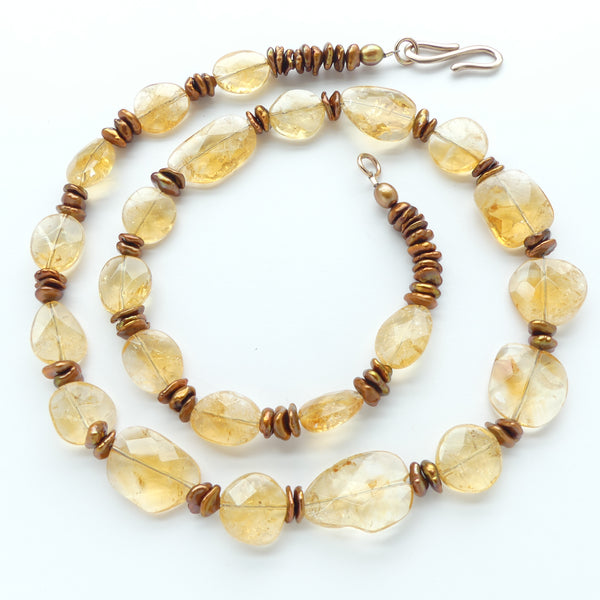 Citrine & Bronze Pearl Necklace, Freeform Flat Citrines with Bronze Keshi, 24 inches long