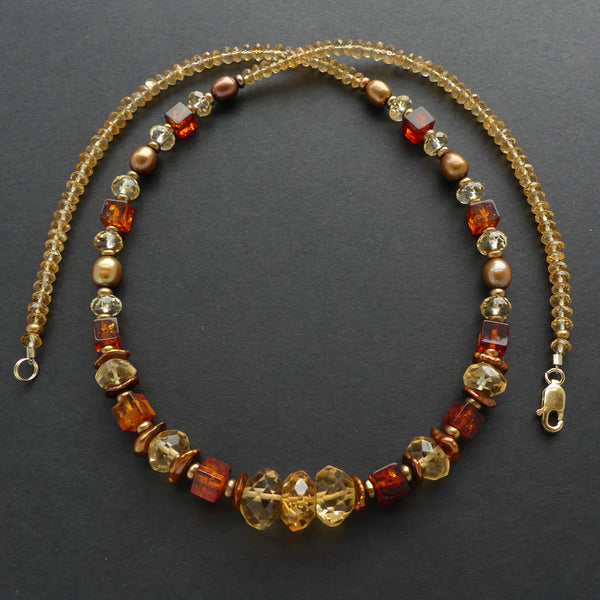 Necklace of Citrine, Baltic Amber and Bronze Pearls, 20 inches long
